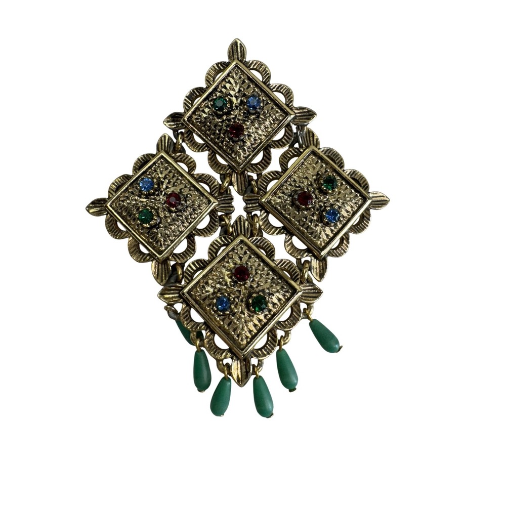 Vintage Sarah Coventry Brooch Pin Gold Tone Green Dangle Accents Multicolor Gems
